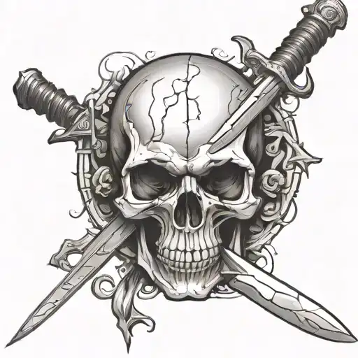 Sword Going Through A Skull Realism And Simple Outline