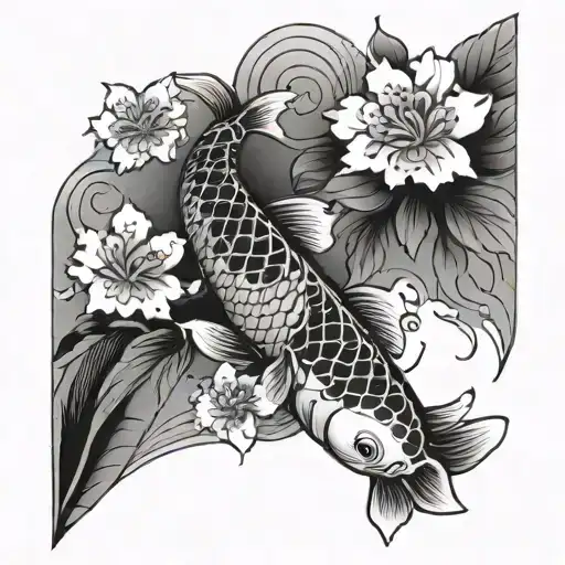 Leg Sleeve Tattoo Featuring Japanese Style Koi Fish And Japanese Style Flowers With Water Background
