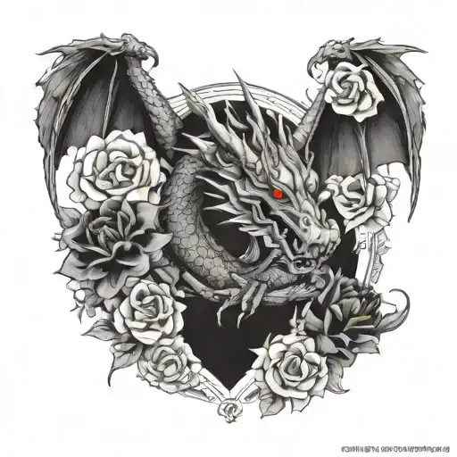 Can You Design Black And White Upper Thigh Tattoo Of A Dragon Lay On A Bed Of Flowers And Book Pages