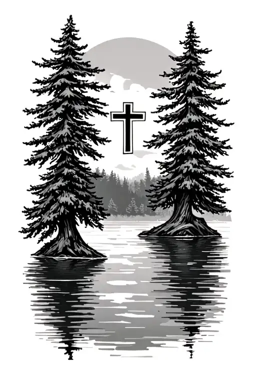 Evergreen Trees Over Lake Outline With Cross
