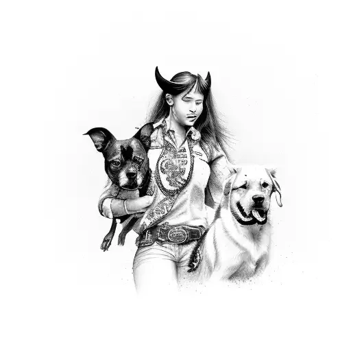 A Black And Grey Portrait Of A Cowgirl With Her Loyal Dog By Her Side