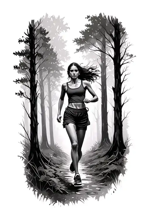 Running Girl In Forest Trees Background Looking