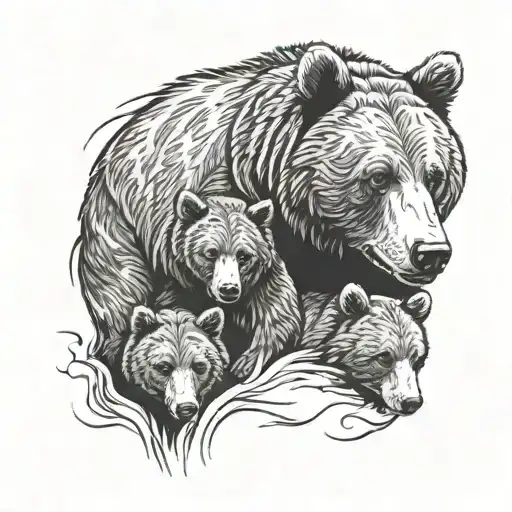 Bear Face With Four Cubs Playing