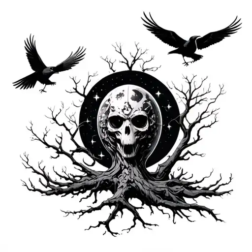 Astronuat With A Poison Tree Behind It And A Bunch Of Flying Crows