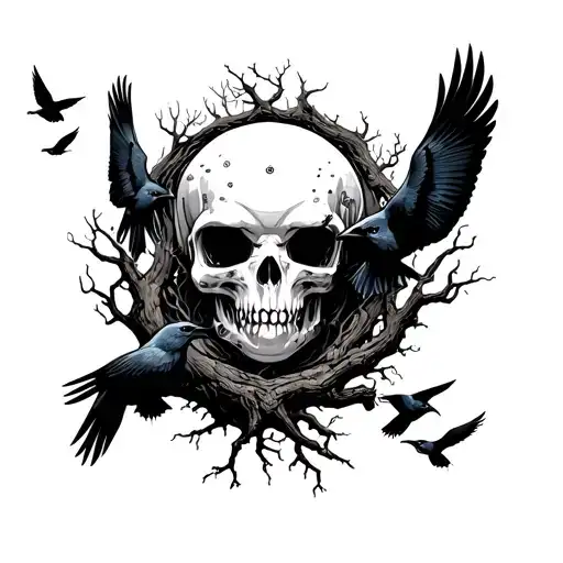 Astronuat With A Poison Tree Behind It And A Bunch Of Flying Crows