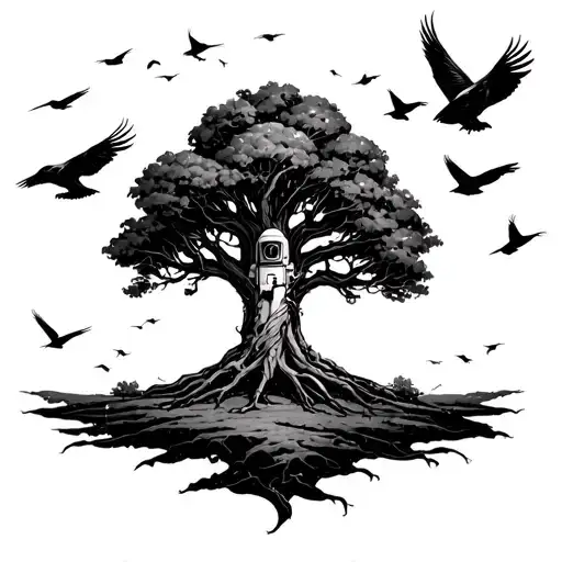 Space Astronuat With A Poison Tree Behind It And A Bunch Of Flying Crows