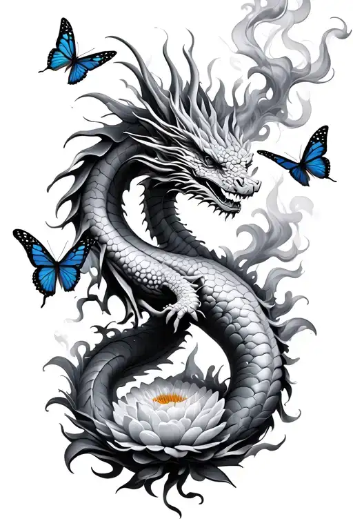 Dragon Smoke Fire Flowers Butterflies Surrounding