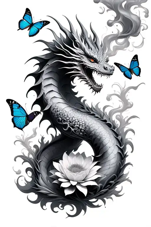 Dragon Smoke Fire Flowers Butterflies Surrounding