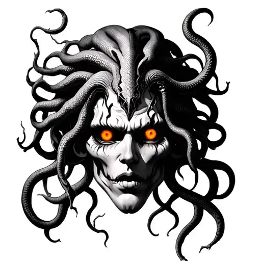 Medusa Tattoo With Battle Scars Representing Strength And Bright Orange Snake Eyes