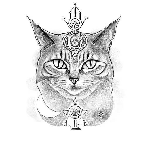 An Occult-themed Tattoo Of A Cat With Mystical Symbols And A Moonlit Skyscraper Background