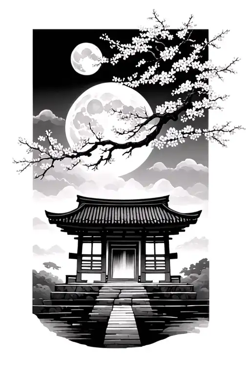 Japanese Shrine With Cherry Blossom Tree And Moon In Background