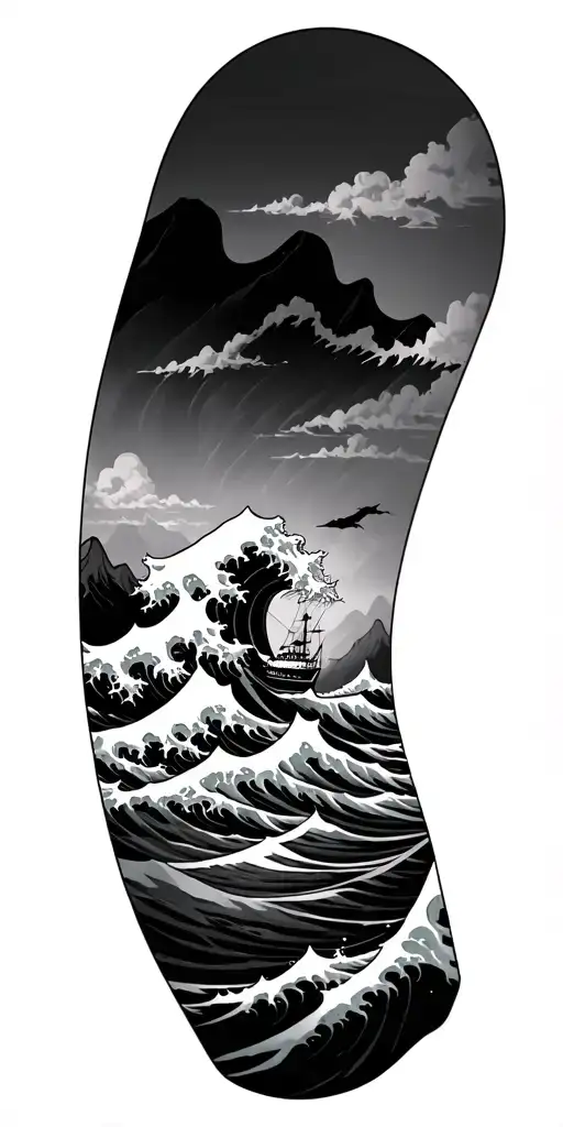 The Great Wave With A Ship With Mountains And Sunset In Backgroud