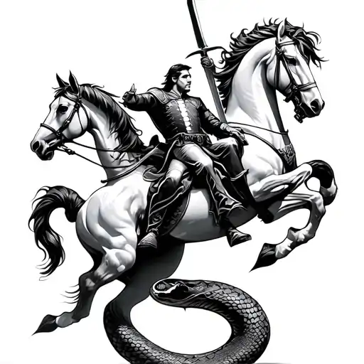 A Prince On A White Horse Defeats A Snake With A Sword