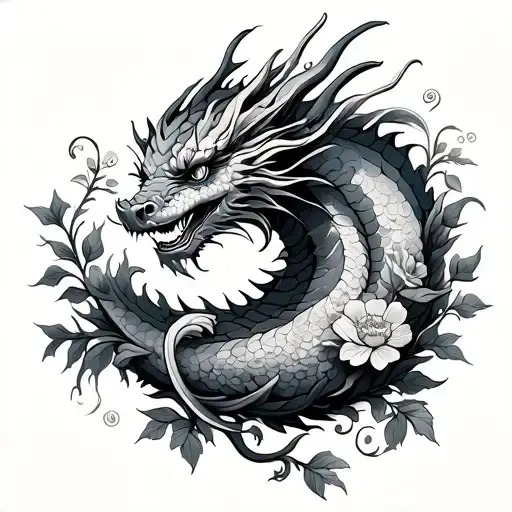 Traditional Style Dragon Whimsical Flowers Vines