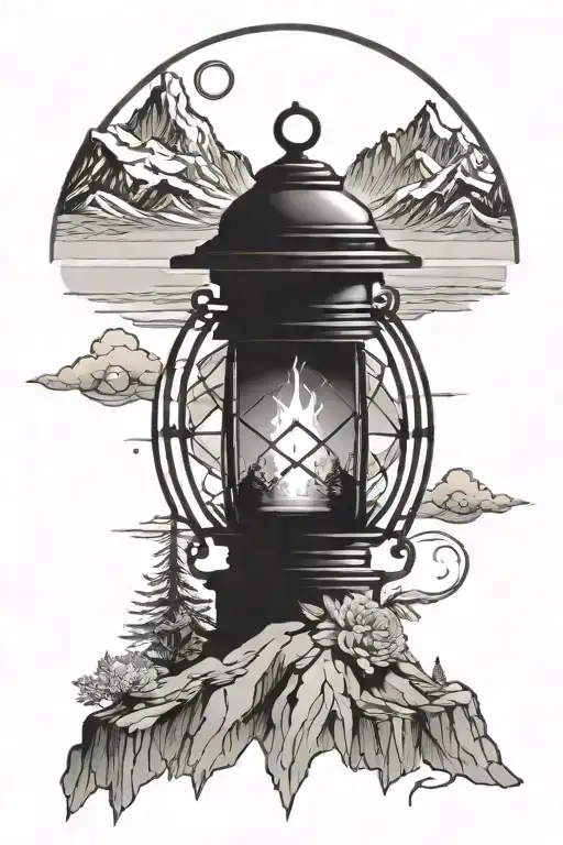 Lantern With Compass And Mountains Panorama