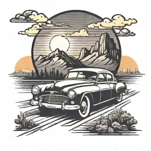 Retro Car With A Road Leading To A Sunset And Mountains