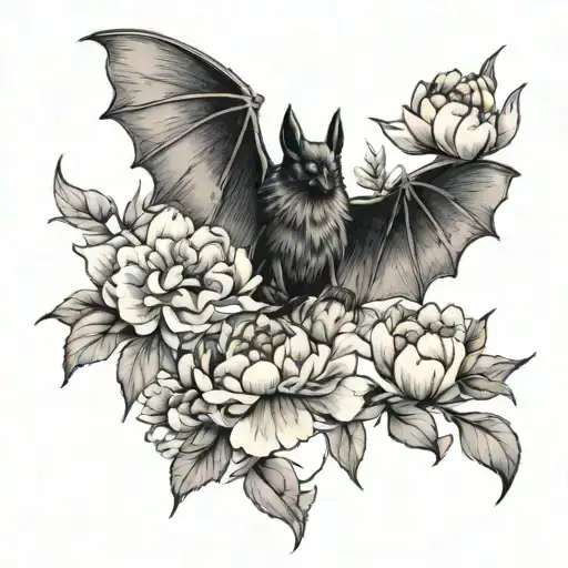 A Black Bat That Is Surrounded By Peonies Peonies