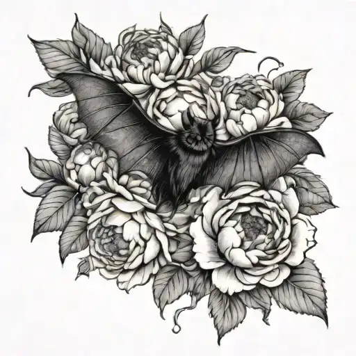 A Black Bat That Is Surrounded By Peonies