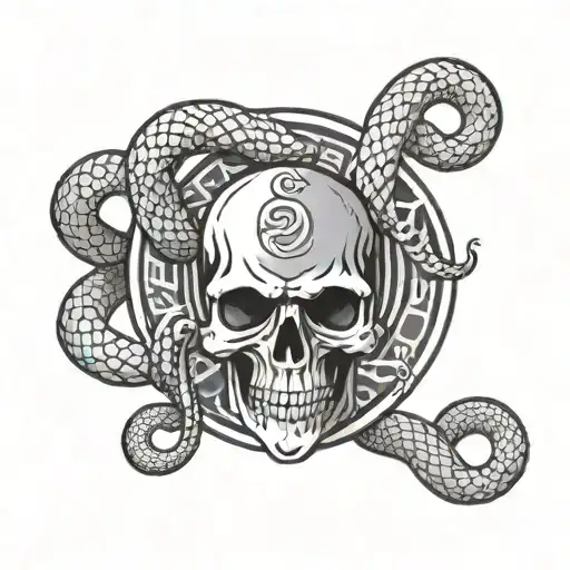Design A Black-grey Tattoo Of A Quality Control Badge With A Skull And Snake Motif