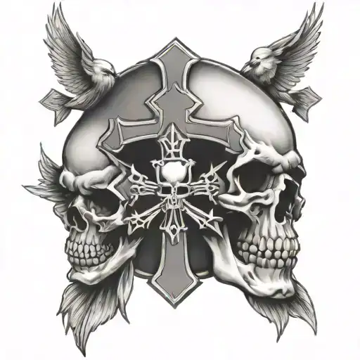 Skulls Intertwined With Catholic Cross With Dove