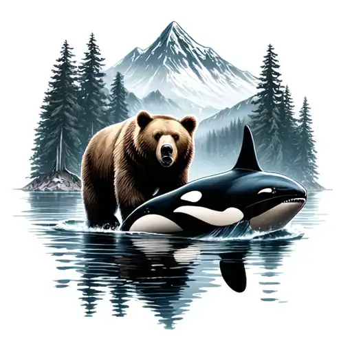 Grizzly Bear And Orca Whale Scenic Mountain Landscape
