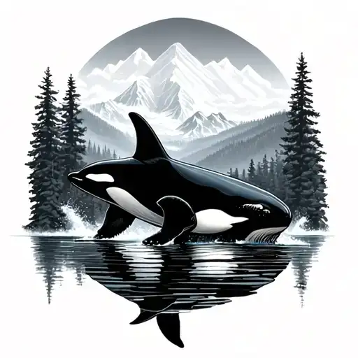 Grizzly Bear And Orca Whale Scenic Mountain Landscape