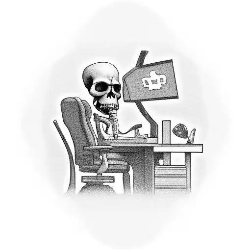 A Grim Reaper Sitting At A Computer Desk With Tombstones As Monitors