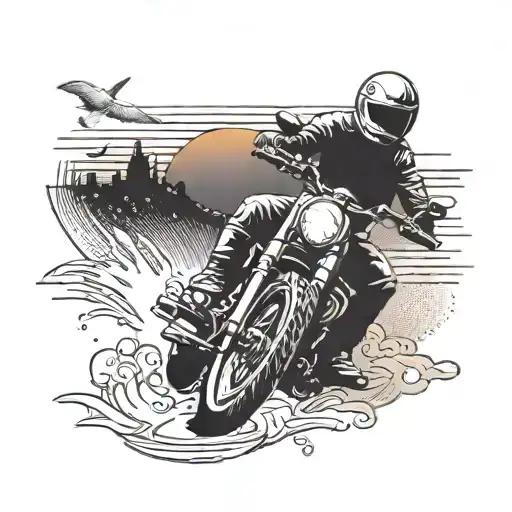Dot Work Tattoo Of Motorbike Riding Into Sunset