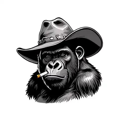 Gorilla With A Cowboy Hat On His Head And A Cigarette In His Mouth