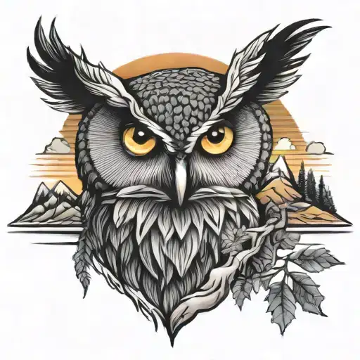 Owl And Mountains And Trees Colors Sunset