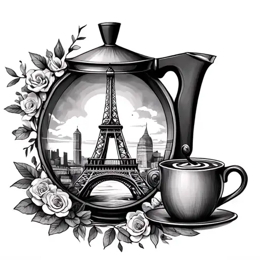 Fine Line Tattoo With Eiffel Tower Inside And Italian Coffee Pot