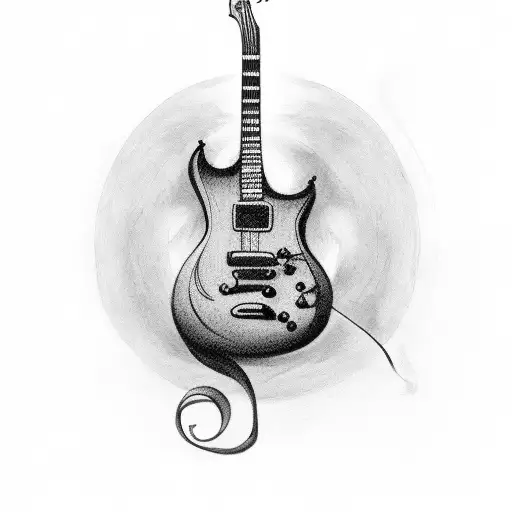 A Small And Simple Black And Grey Tattoo Of A Guitar With Musical Notes Flowing Out Of It