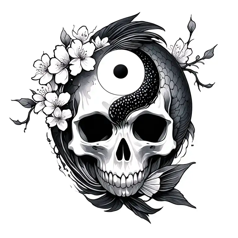 Yin Yang Koi Fish Skull Flag Cherry Blossom