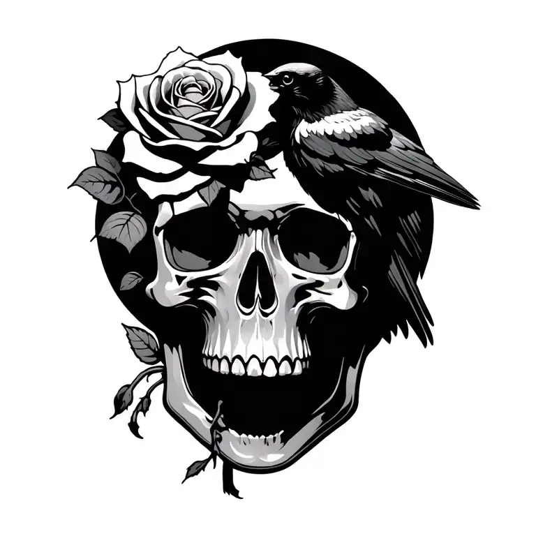 Skull With Rose Growing From It And A Raven Perched