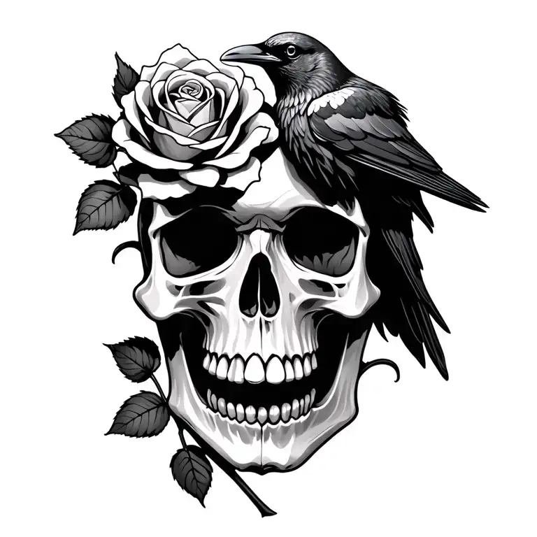 Skull With Rose Growing From It And A Raven Perched
