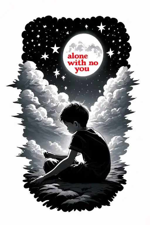 Kid Sitting Alone Clouds Around Above Him Stars Shining With A Red Quote Alone With You
