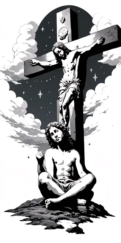 Kid Sitting Alone Clouds Above And Around Stars In The Sky Jesus In The Distance Crucifix Pitched