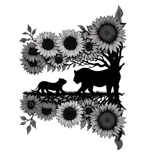 Tree Of Life And With Lioness And Cubs With Sunflowers