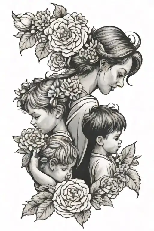 Mom Holding Two Boys With Flowers Around It