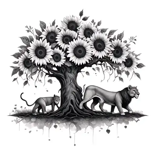 Tree Of Life And With Lioness And Cubs With Sunflowers