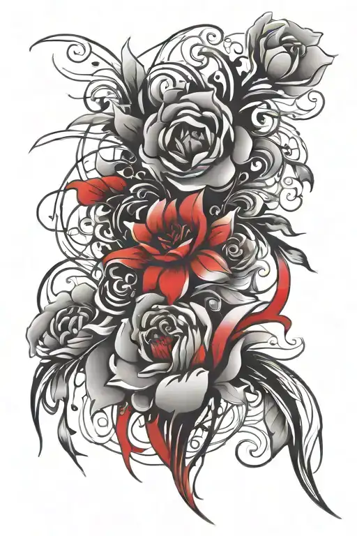 Red Vertical Abstract Tattoo With Black And Grey Peonys