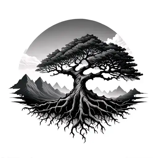 Tree Of Life With Roots And Mountains