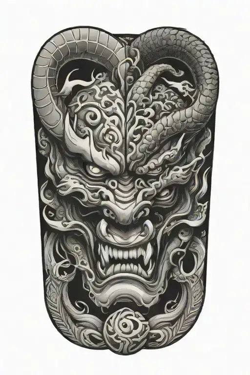 Oni Mask Split In Half With Dragon In Between The Split