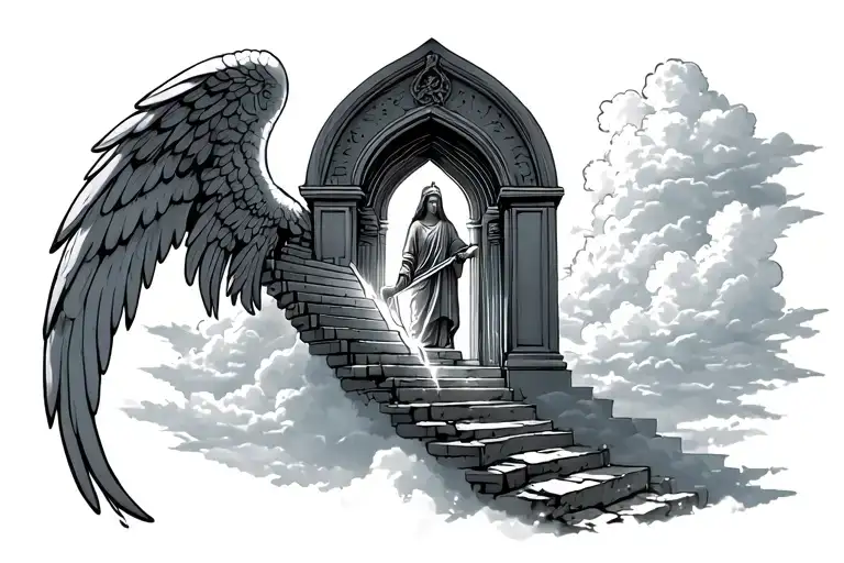 An Angel Mig Welding The Arched Gates To Heaven Staircase With Clouds