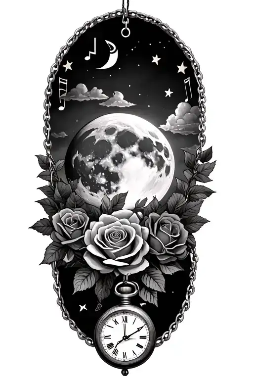 Full Moon With Clouds Roses Gothic Style Rosary Beads Stars And Music Notes Pocket Watch