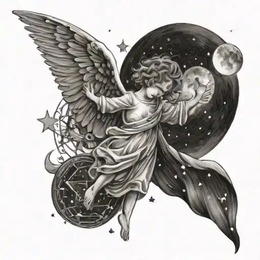 A Small Angel Reaching For Stars In The Sky Filled With Constellations And The Moon