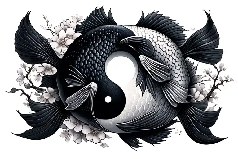 Kio Fish Resembling Yin Yang With Sakura Tree