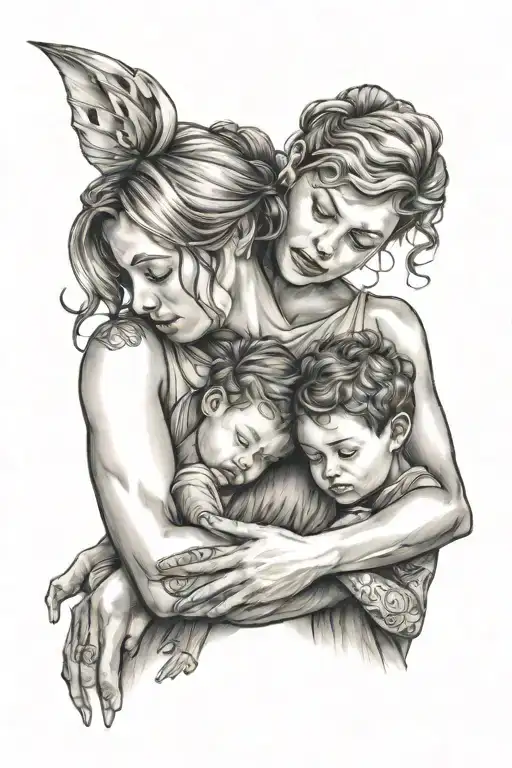 Mother Embracing Her Two Kids