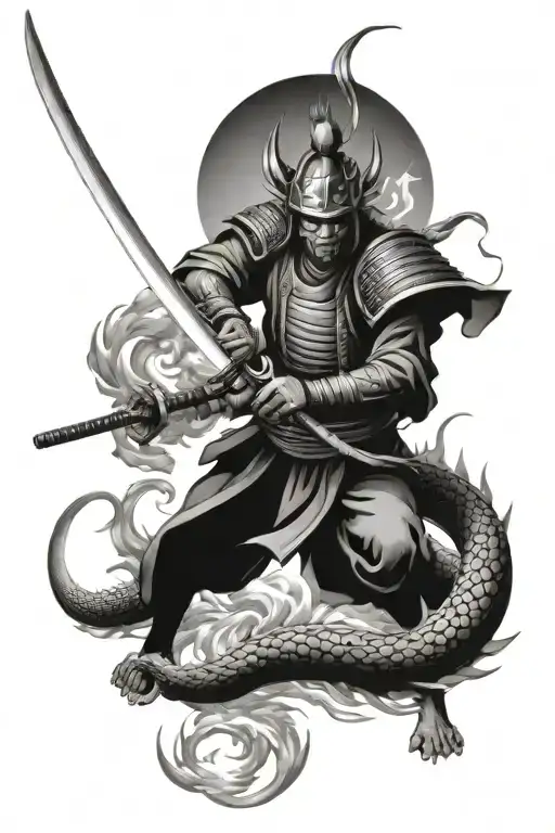 Samurai Fighting Dragon Breathing Fire
