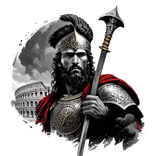 Ancient Roman Warrior In Front Of The Colosseum